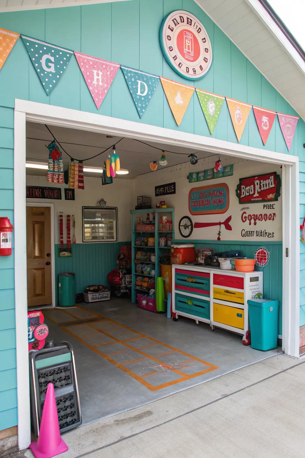 A garage with personalized decor and themed signage.