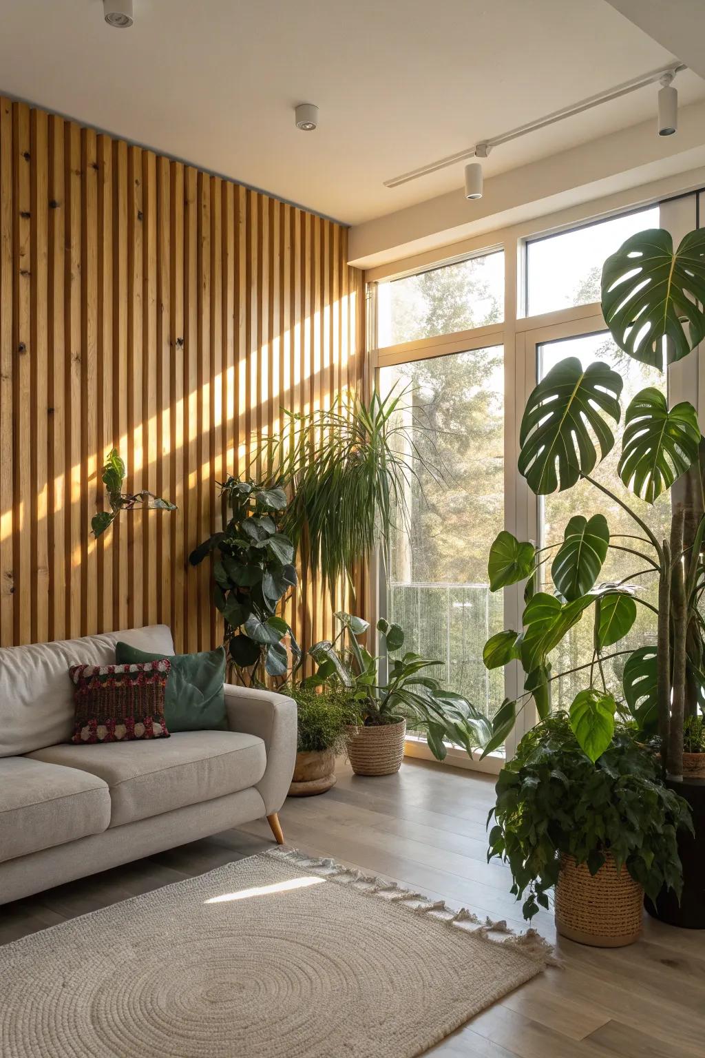 A family room showcases natural wood plank walls enhanced by lush plants.