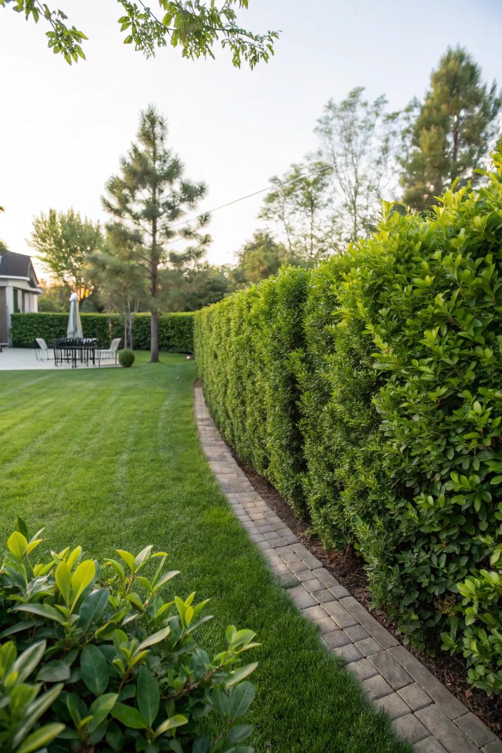 A verdant fence of bushes provides natural beauty and seclusion.
