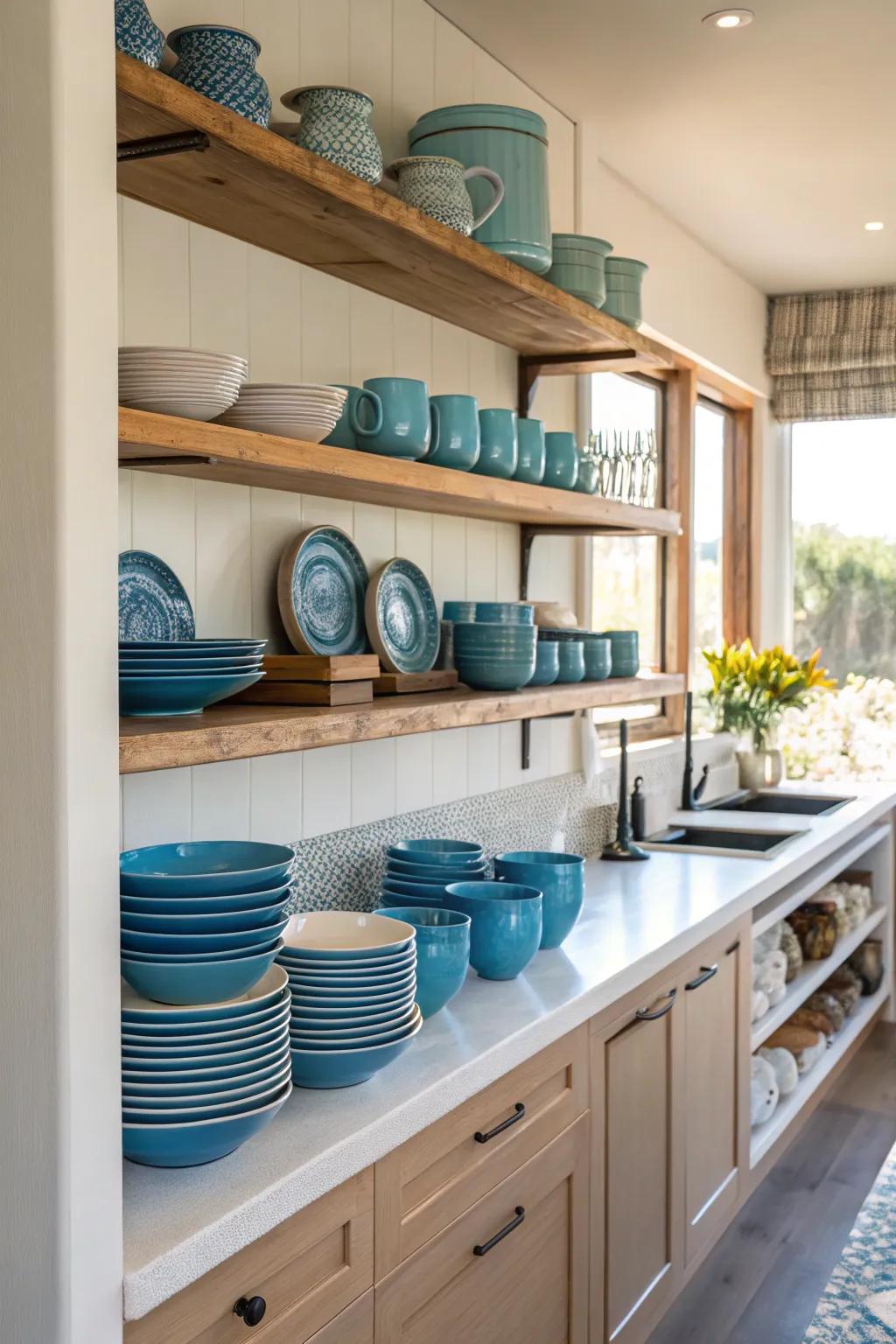 Open shelves featuring blue accents offer a stylish display.