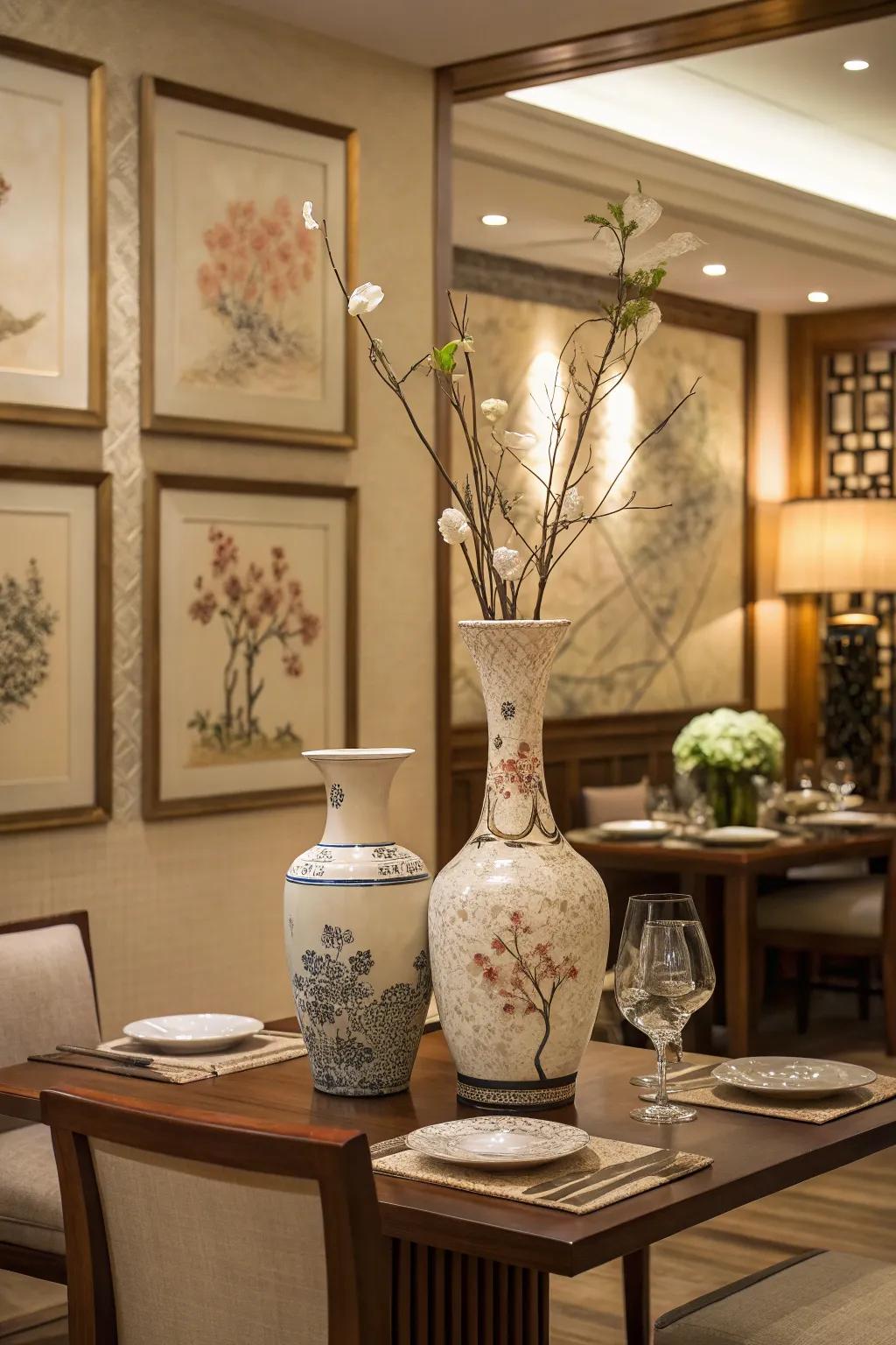 Understated art and decor add personality without cluttering the dining room.