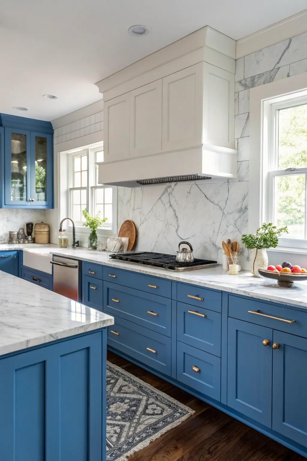 Sophistication at its peak with blue cabinets and marble counters.