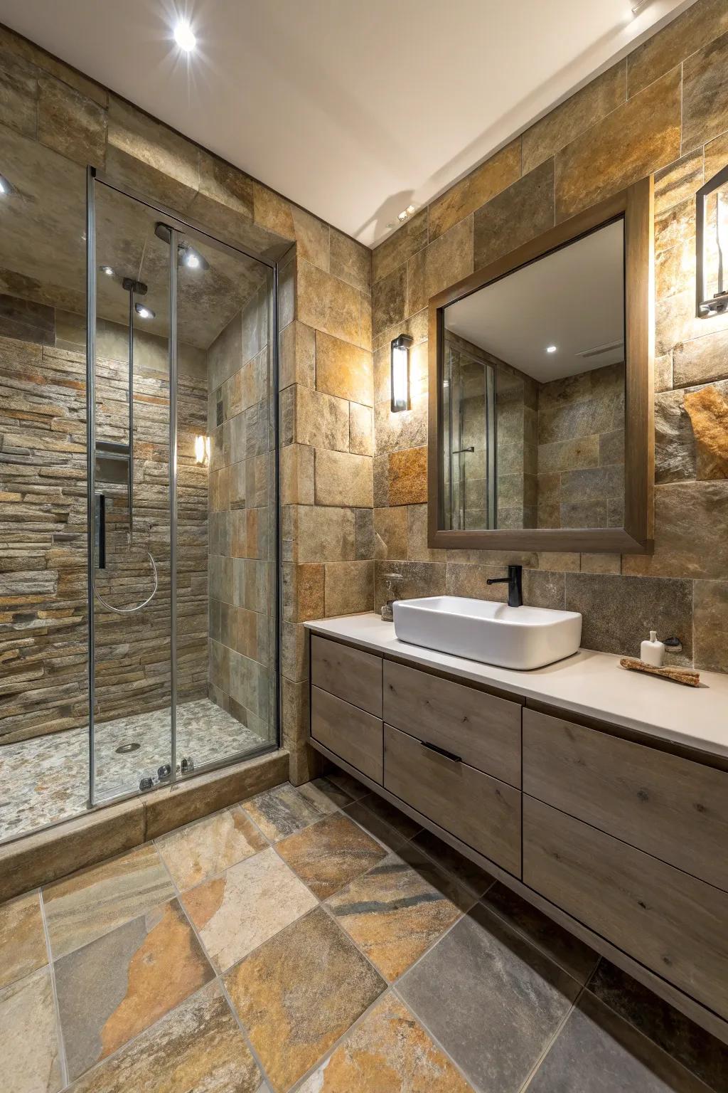 Textured surfaces featuring stone tiles for added depth.