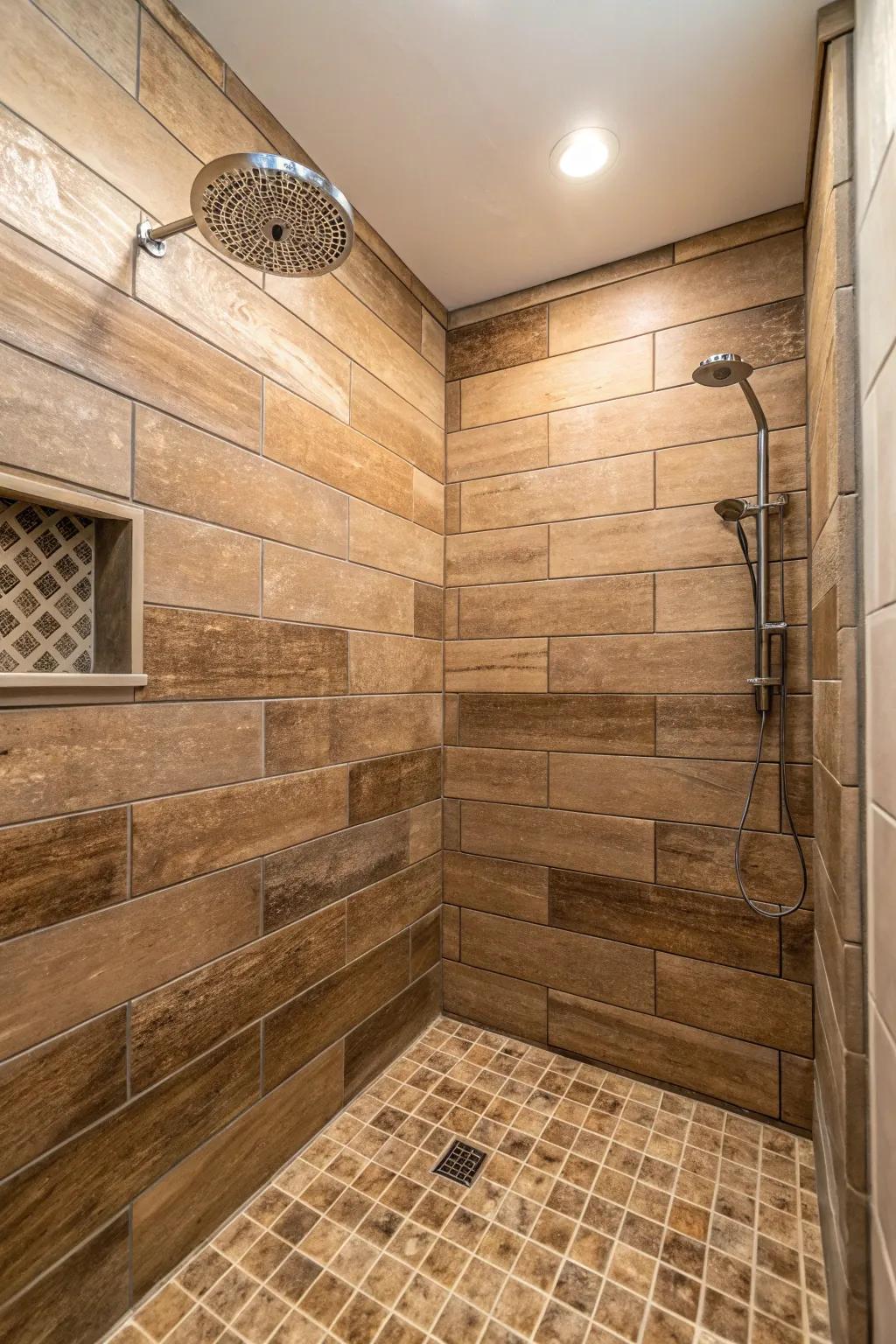 A shower styled with timber-look stones for a cozy, inviting vibe.