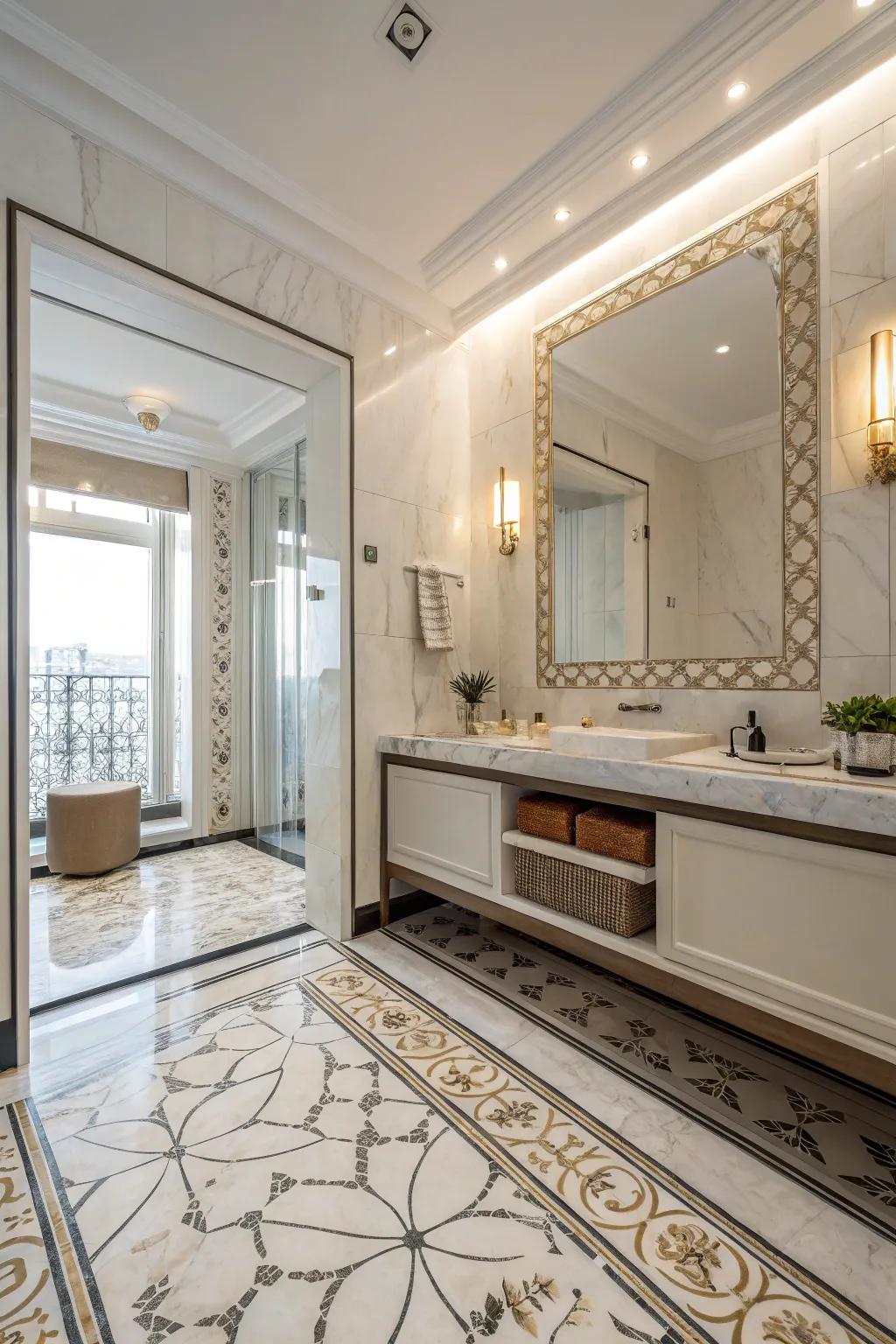 Elegant marble flooring introduces a lavish sensation.