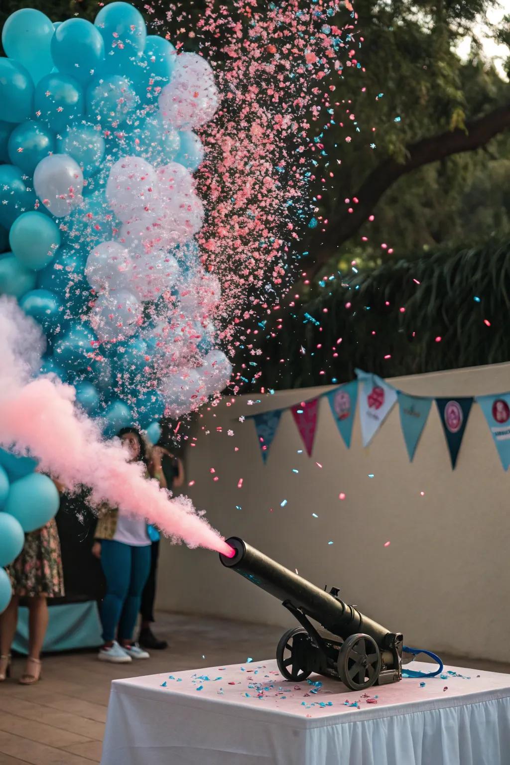 A confetti cannon enhances the gender reveal moment.