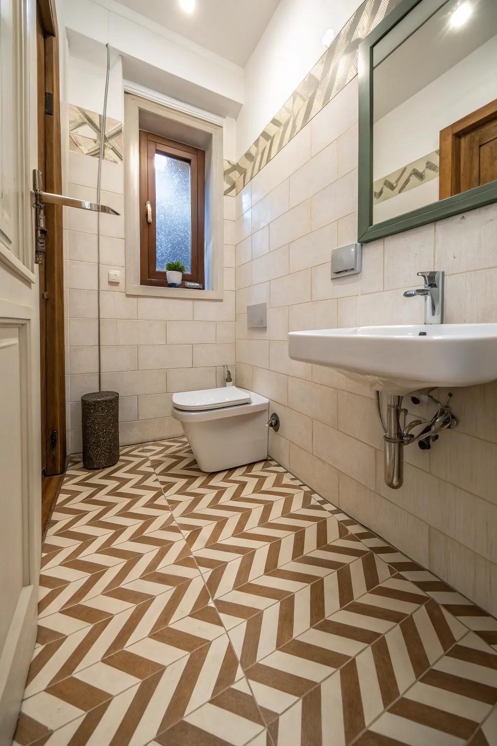 Chevron designs add visual interest and elongate the room.