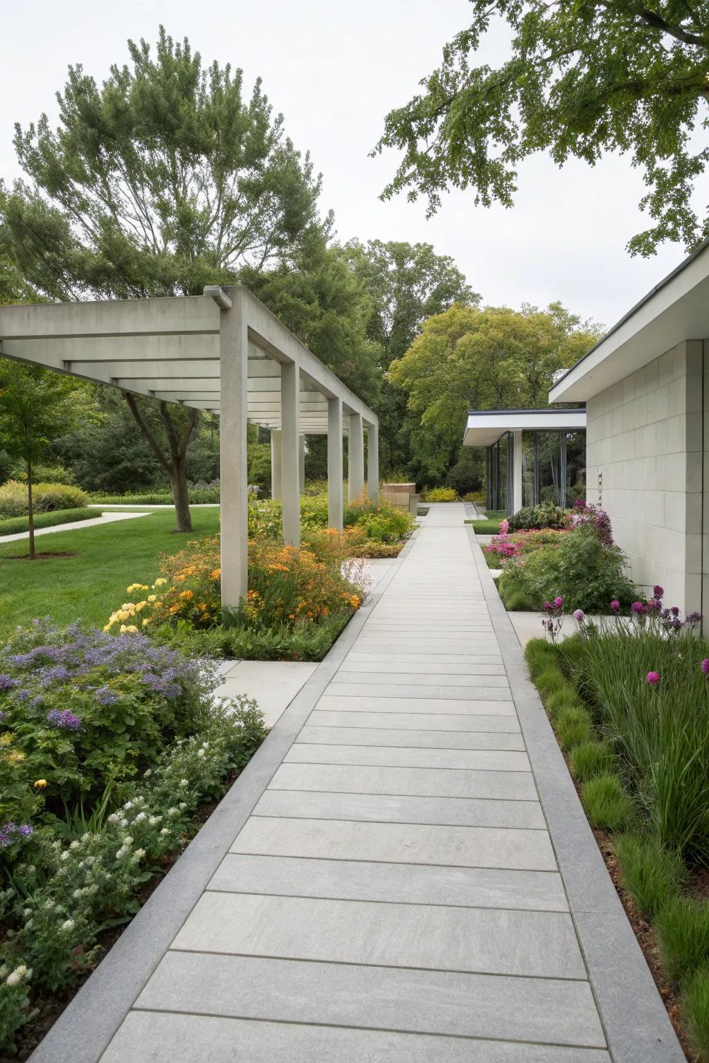 Modern minimalism imparts streamlined simplicity to any garden walkway.