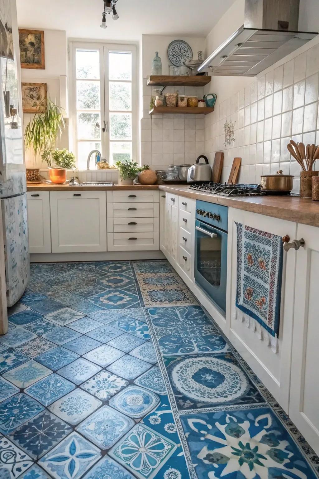 Varied blue tiles infuse an artistic flair into the kitchen.