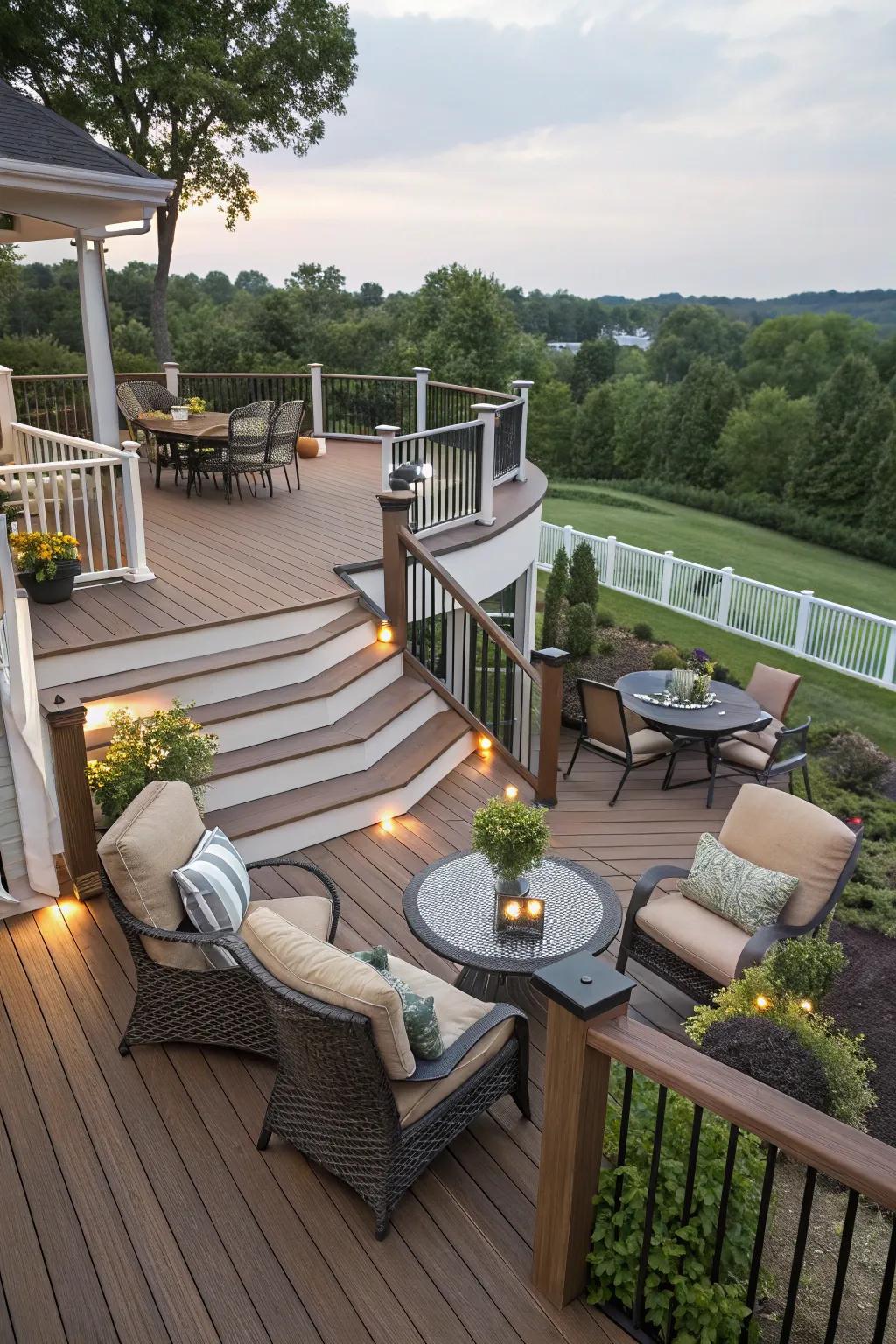A multi-level elevated deck with various seating zones.