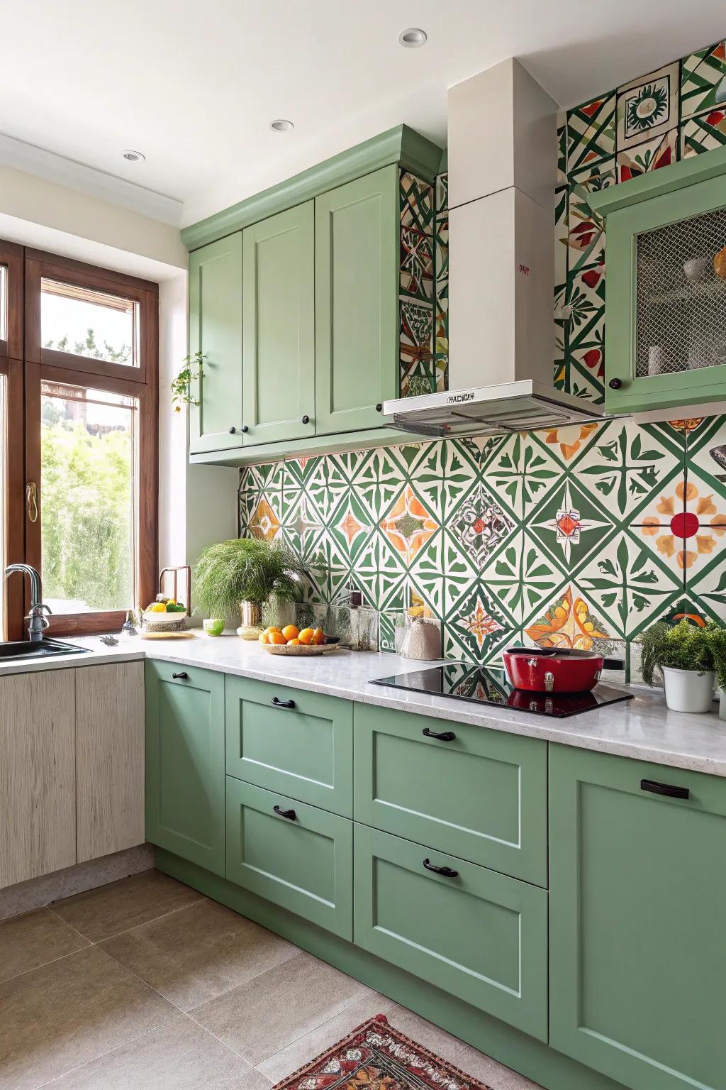 A striking backsplash creating a focal point in a green kitchen space.