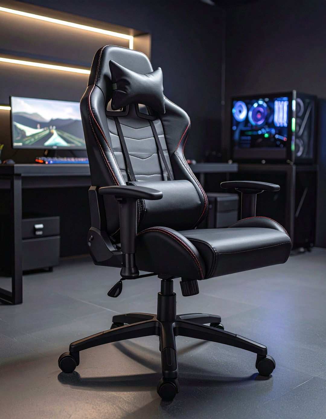 A Jet Black Ergonomic Chair Grounds the Black Gaming Room - 20 Black Gaming Room Ideas