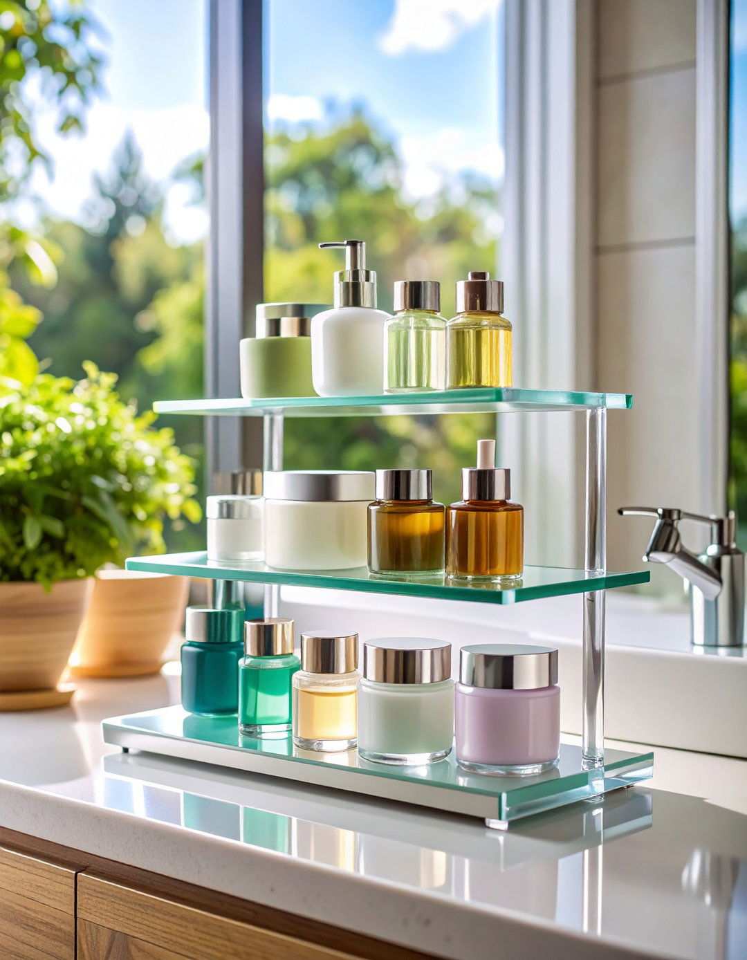 Acrylic Risers Display Skincare Layers Without Spreading Across the Bathroom Counter - 20 Bathroom Counter Organization Ideas