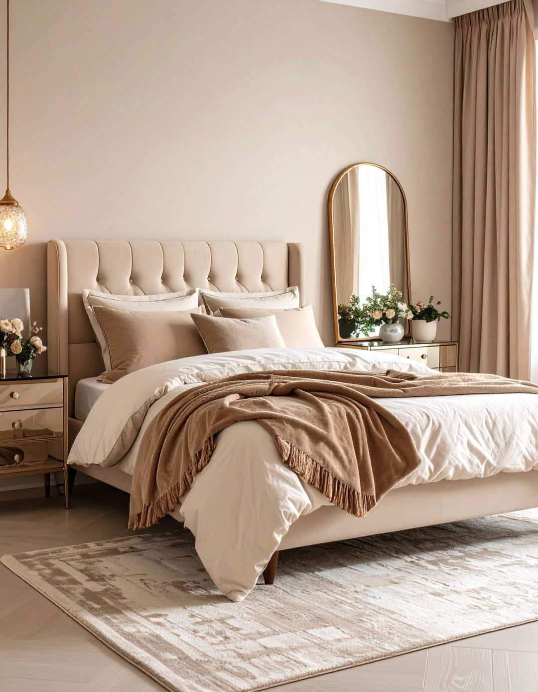 Add Mirrored Furniture for Glam Beige Sparkle - 20 Beige Bedroom Ideas