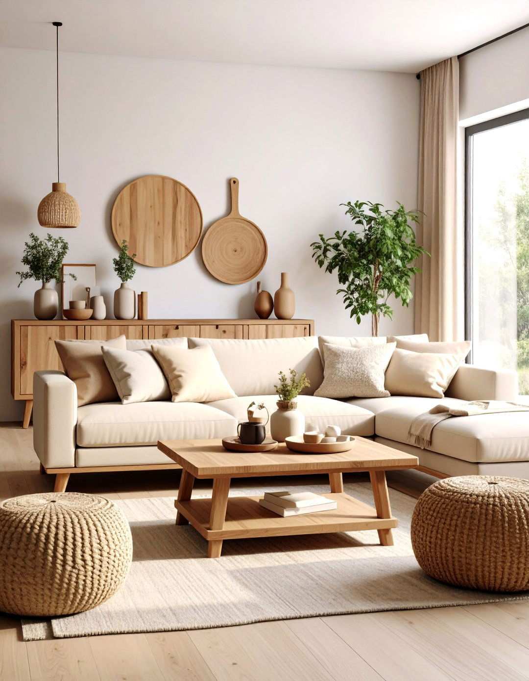 Add Warmth With Wood Tones Beside a Beige Couch - 20 Beige Couch Living Room Ideas