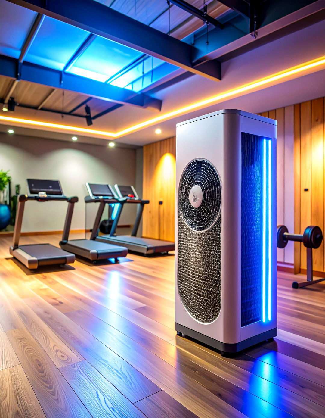 Adjustable Fans and Air Purifier Keep Basement Gym Air Crisp - 20 Basement Gym Ideas