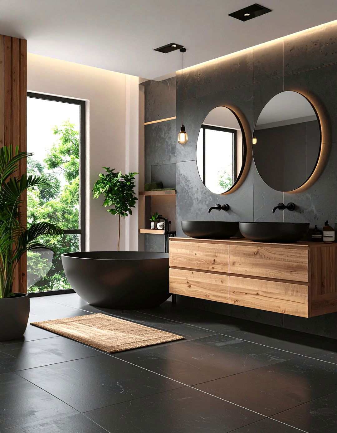 Age Friendly Design Slip Resistant Black Tile and Soft Wood Rails - 20 Black and Wood Bathroom Ideas