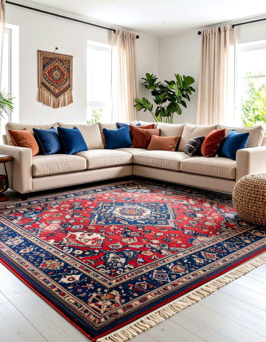 Anchor a Beige Couch With a Statement Rug - 20 Beige Couch Living Room Ideas