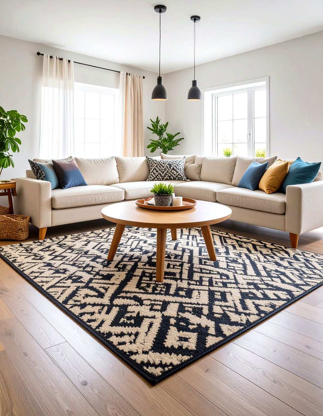 Anchor with a Patterned Rug - 20 Black and Beige Living Room Ideas