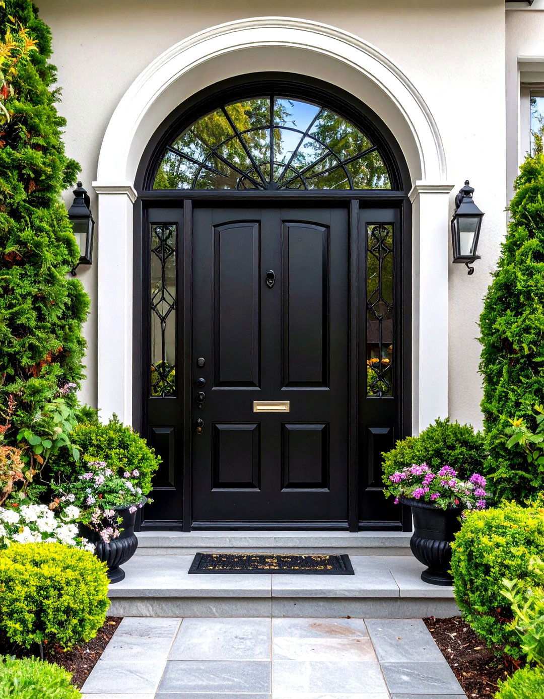 Arched Black Front Door with Wrought Iron Grill - 20 Black Front Door Ideas