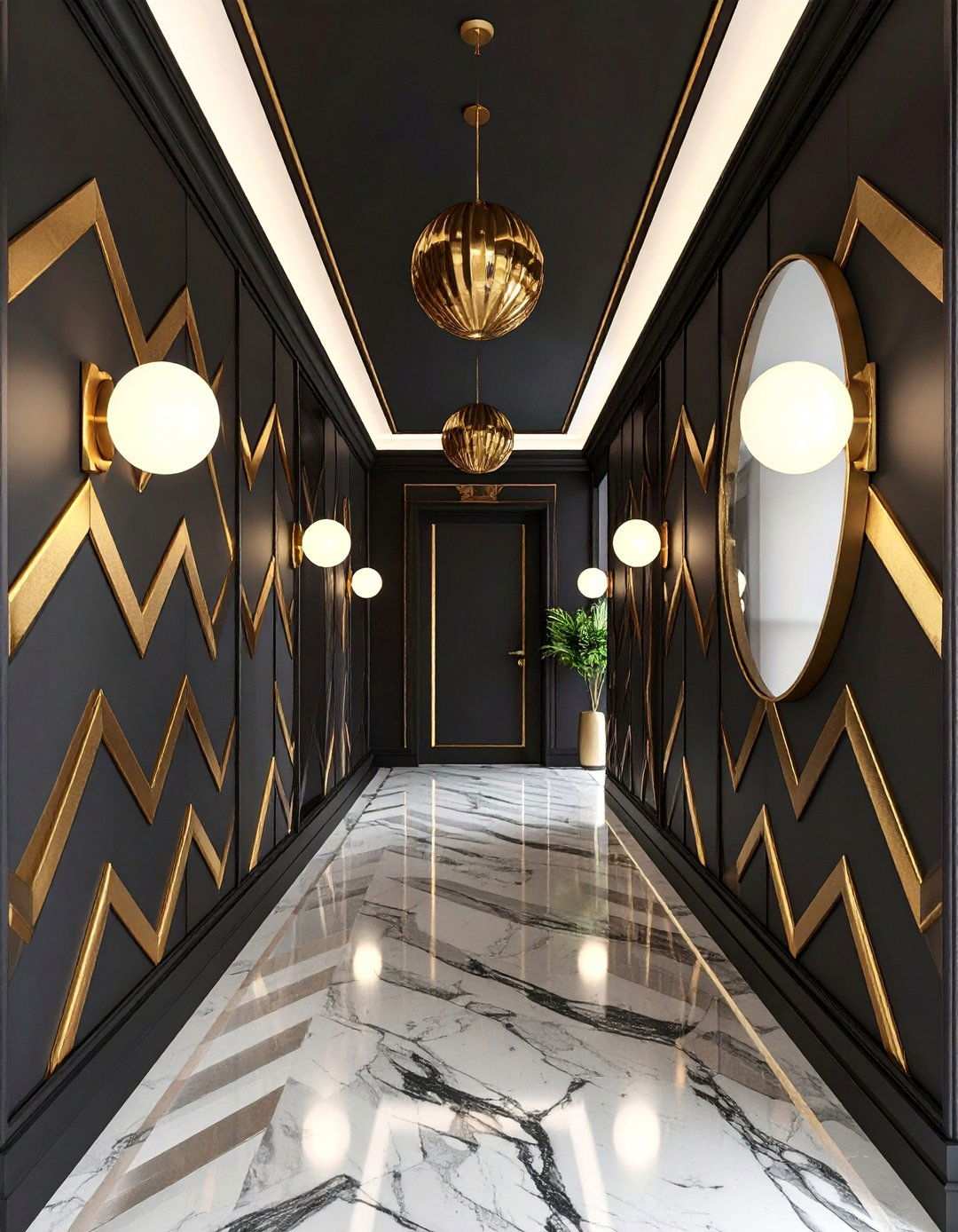 Art Deco Black Hallway with Gold Lines - 20 Black Hallway Ideas