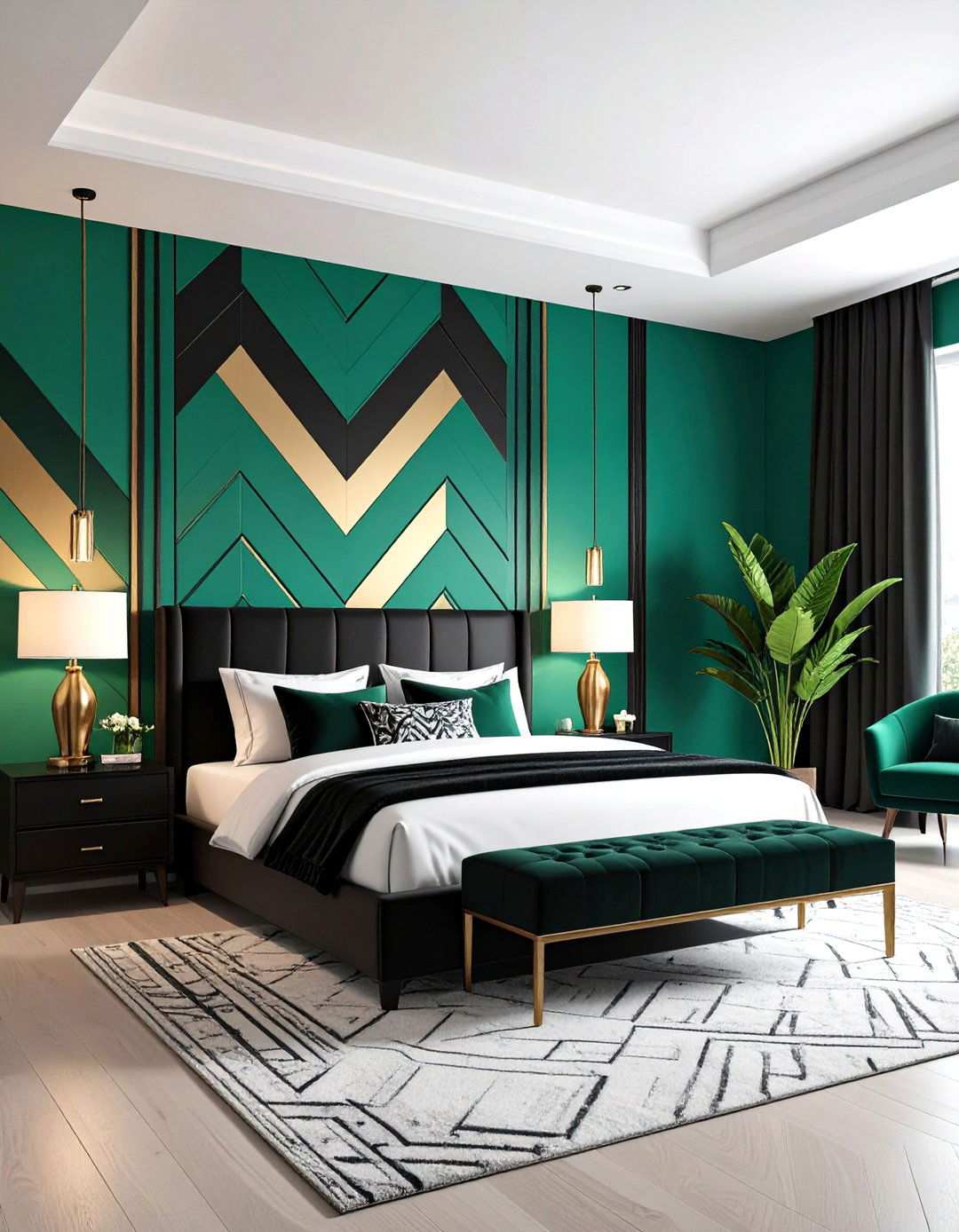Art Deco Emerald Patterns - 20 Black and Green Bedroom Design Ideas