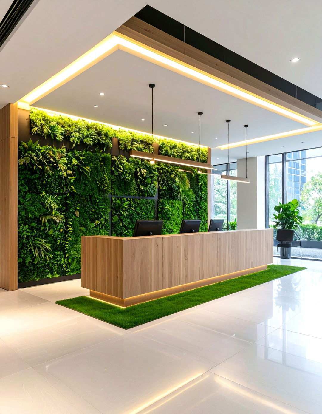 Artificial Grass Wall Office Reception Design - 20 Artificial Grass Wall Design Ideas