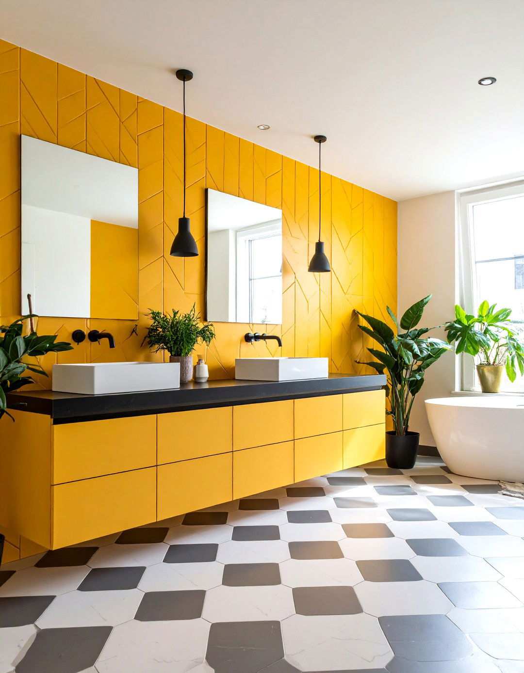 Artistic Bathroom with Black Countertops and Geometric Tiles - 20 bathroom with black countertops ideas