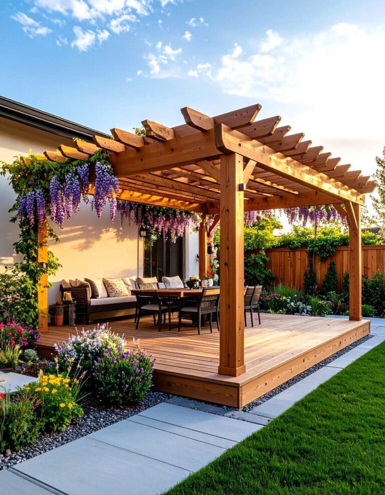 Attached Pergola Covered Patio with Open Lattice Design - 20 Attached Covered Patio Ideas