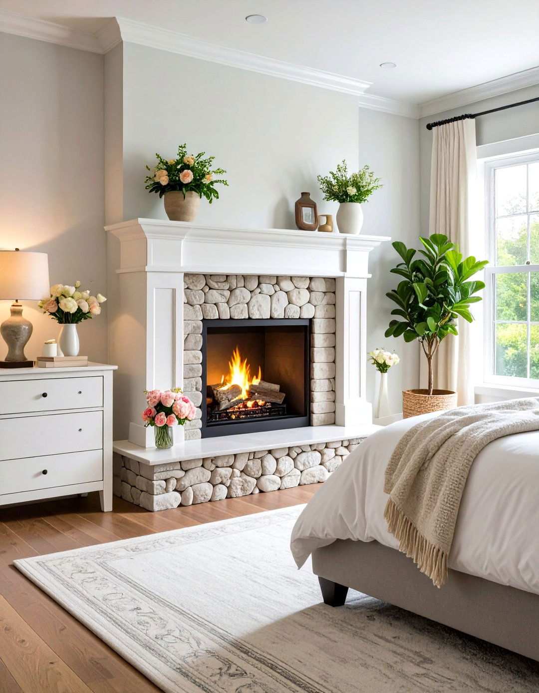 Bedroom River Rock Fireplace with Intimate Proportions - 20 River Rock Fireplace Ideas