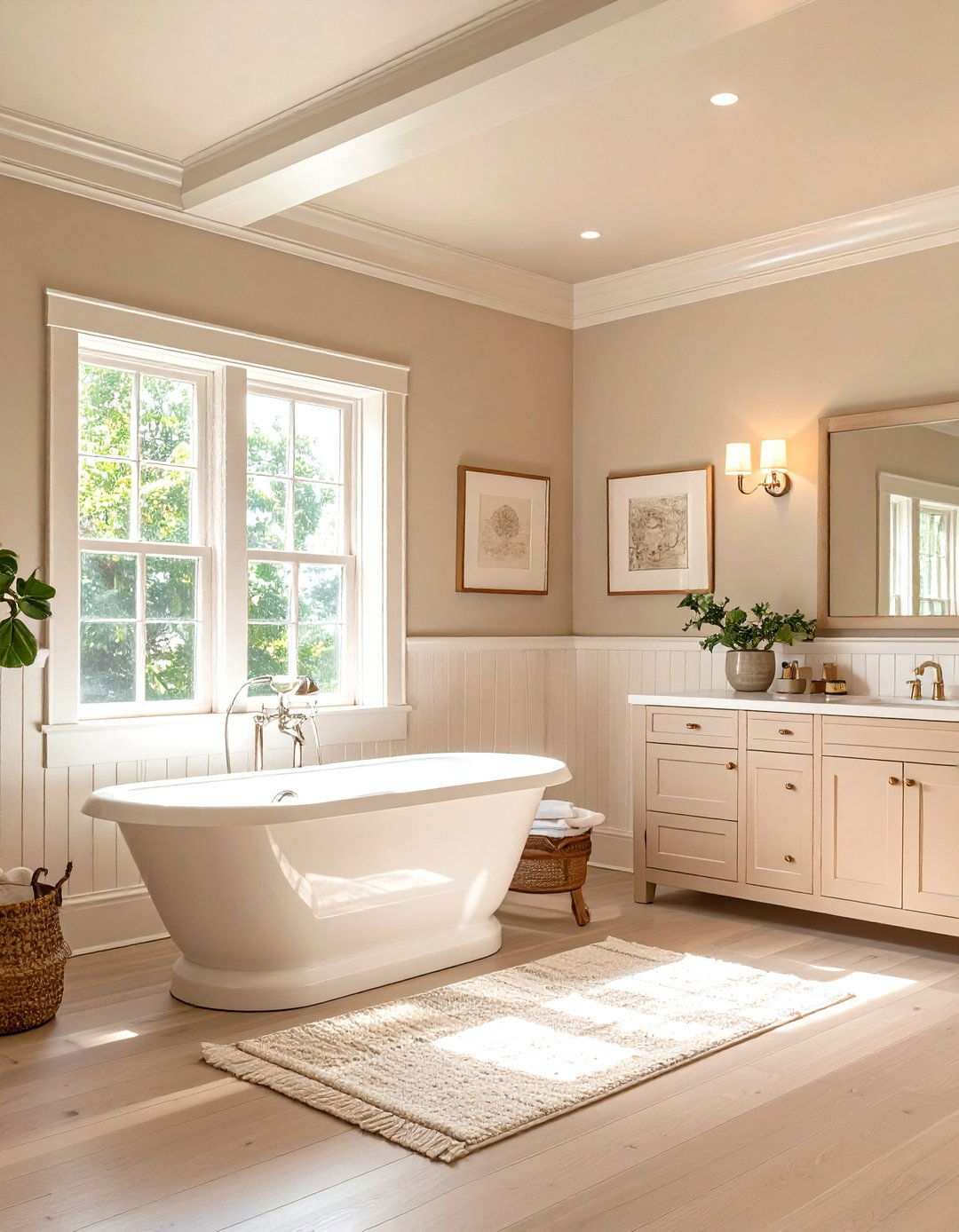 Beige Ceiling White Wainscoting Bathroom - 20 Beige and White Bathroom Ideas