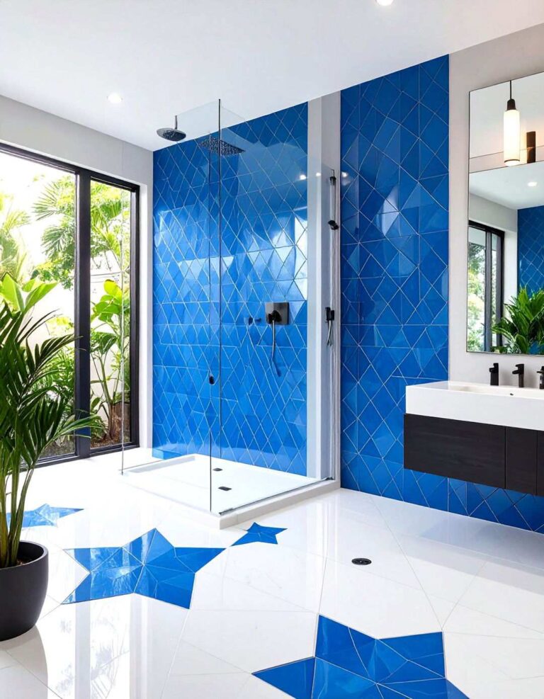 Black and Blue Geometric Tile Shower Design - 20 black and blue bathroom ideas