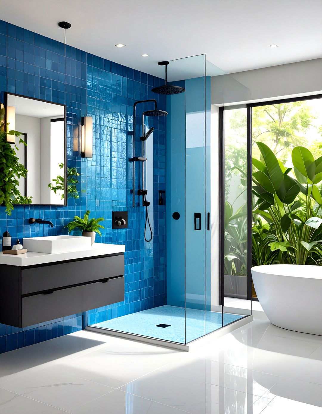 Black and Blue Glass Mosaic Backsplash Design - 20 black and blue bathroom ideas