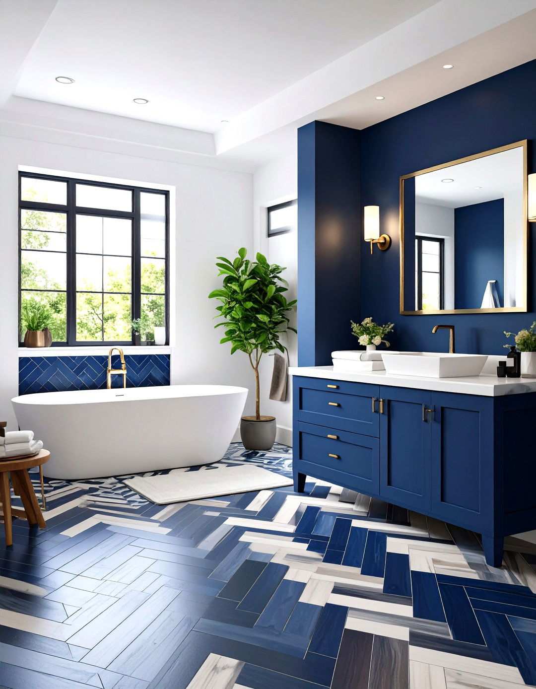 Black and Blue Herringbone Floor Pattern - 20 black and blue bathroom ideas