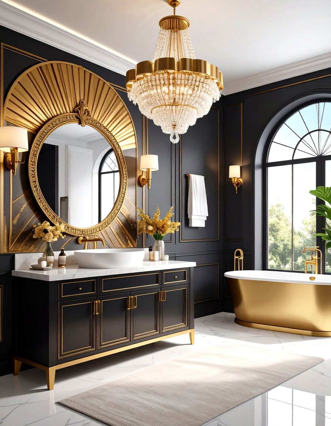 Black and Gold Art Deco Style Powder Room - 20 black and gold powder room ideas