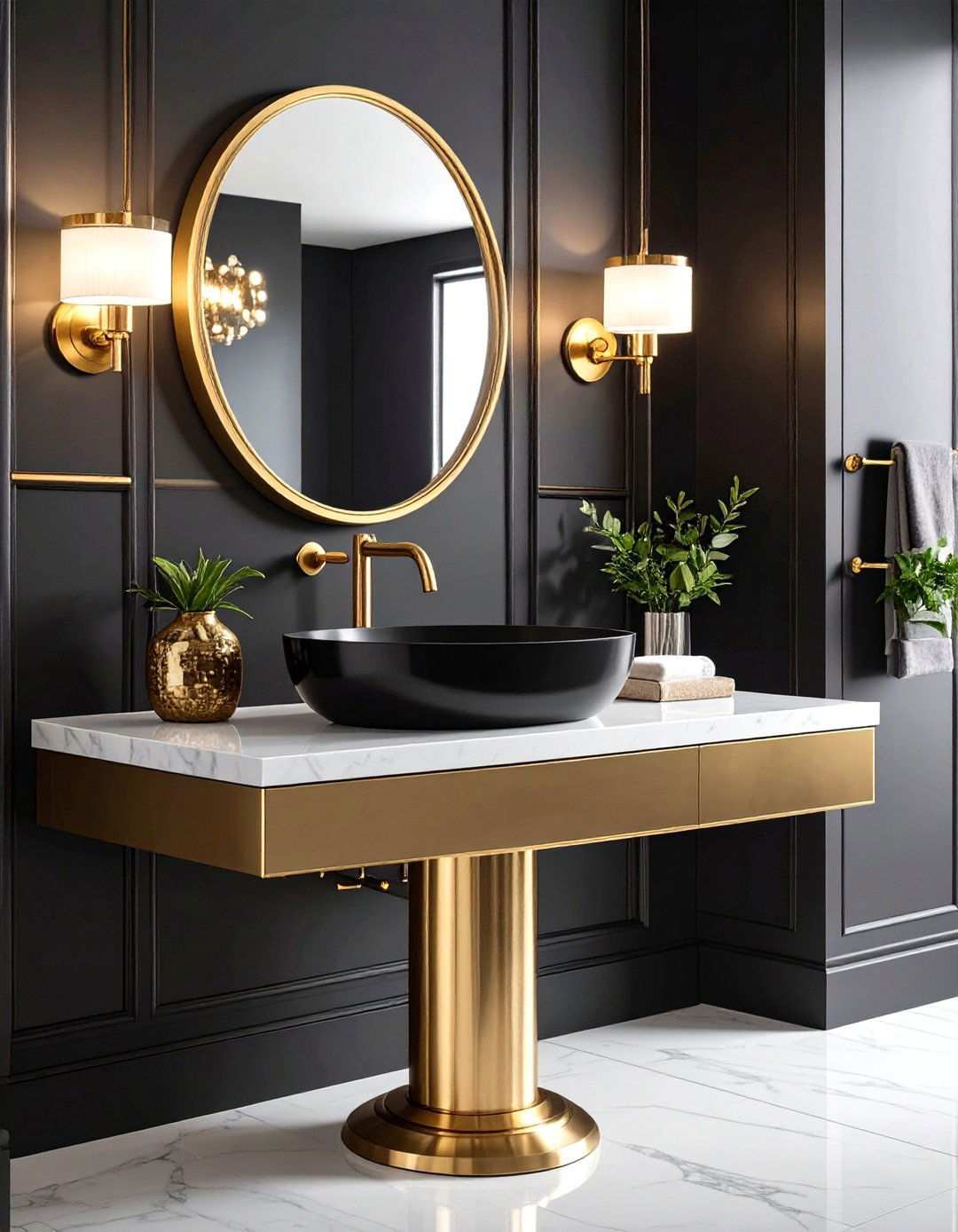 Black and Gold Brass Pedestal Sink Powder Room - 20 black and gold powder room ideas