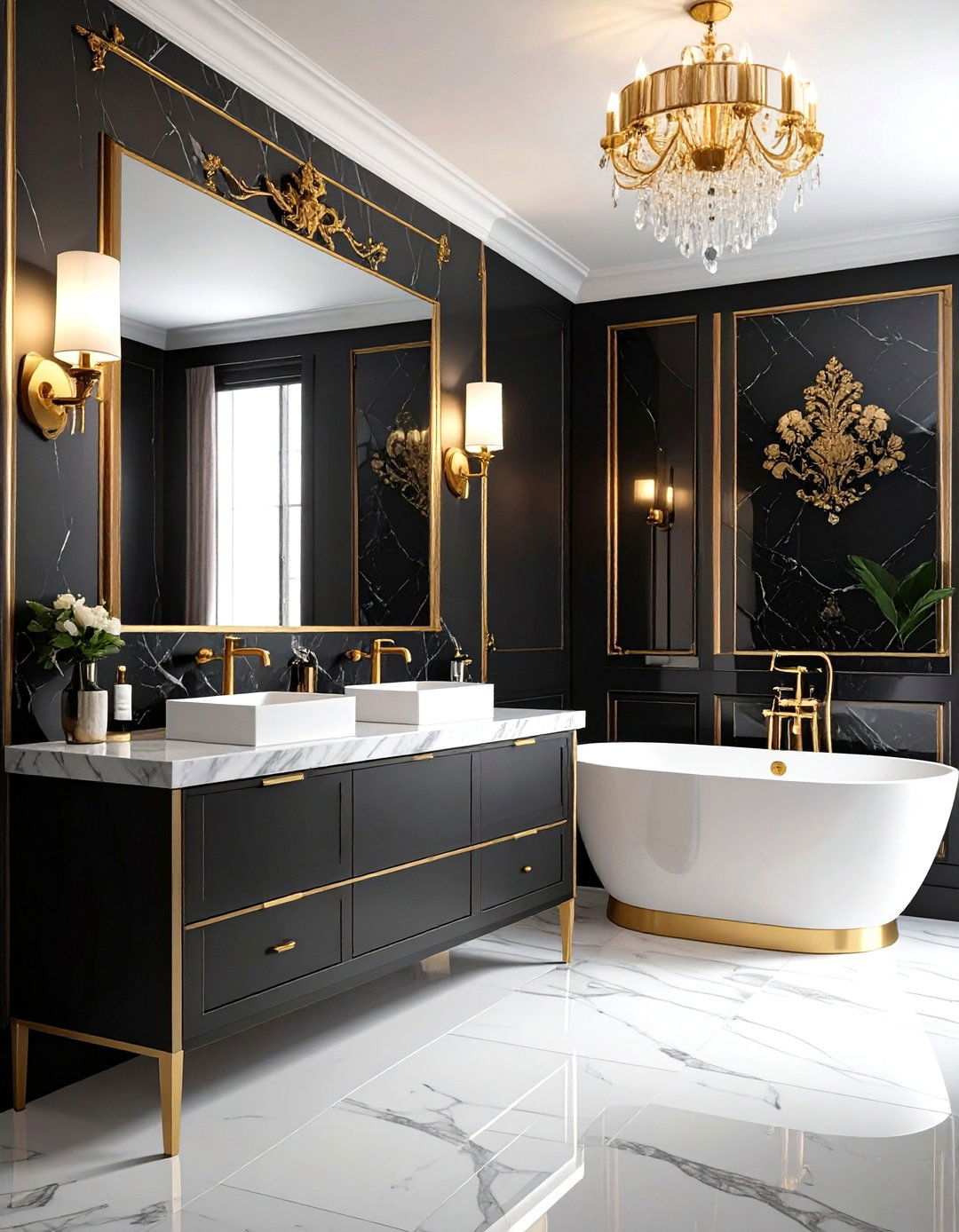Black and Gold Damask Wallpaper Powder Room - 20 black and gold powder room ideas