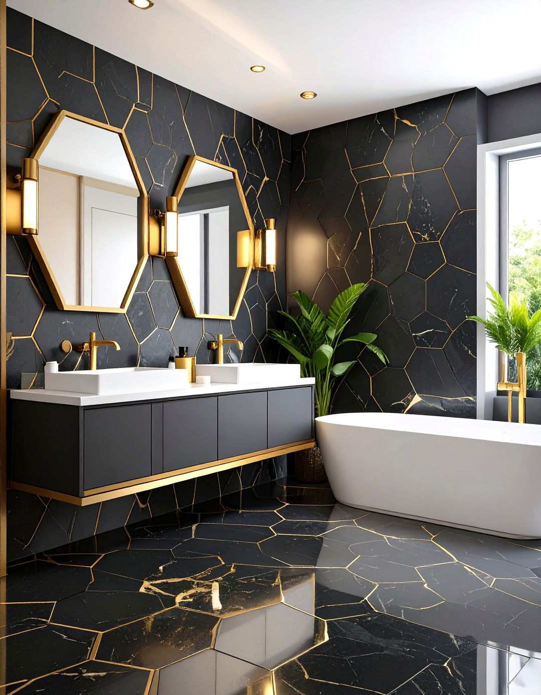 Black and Gold Marble Hexagon Tile Powder Room - 20 black and gold powder room ideas