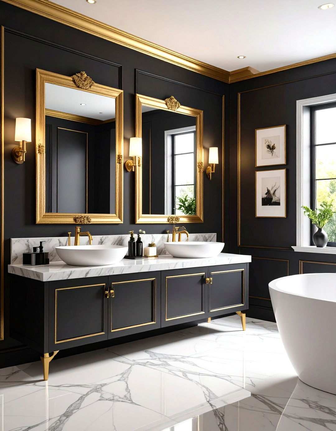 Black and Gold Picture Frame Molding Powder Room - 20 black and gold powder room ideas