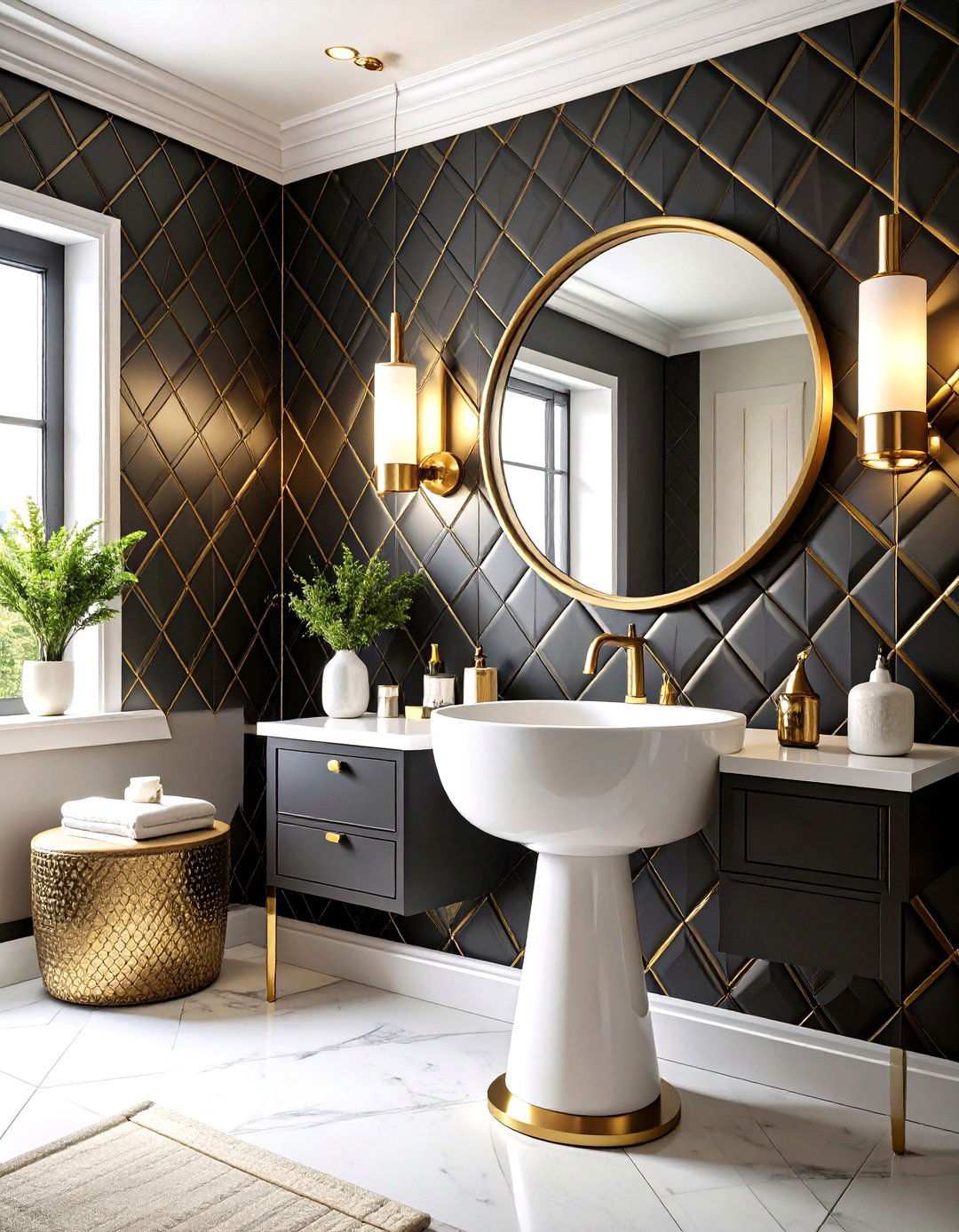 Black and Gold Rivet Pattern Wallpaper Powder Room - 20 black and gold powder room ideas