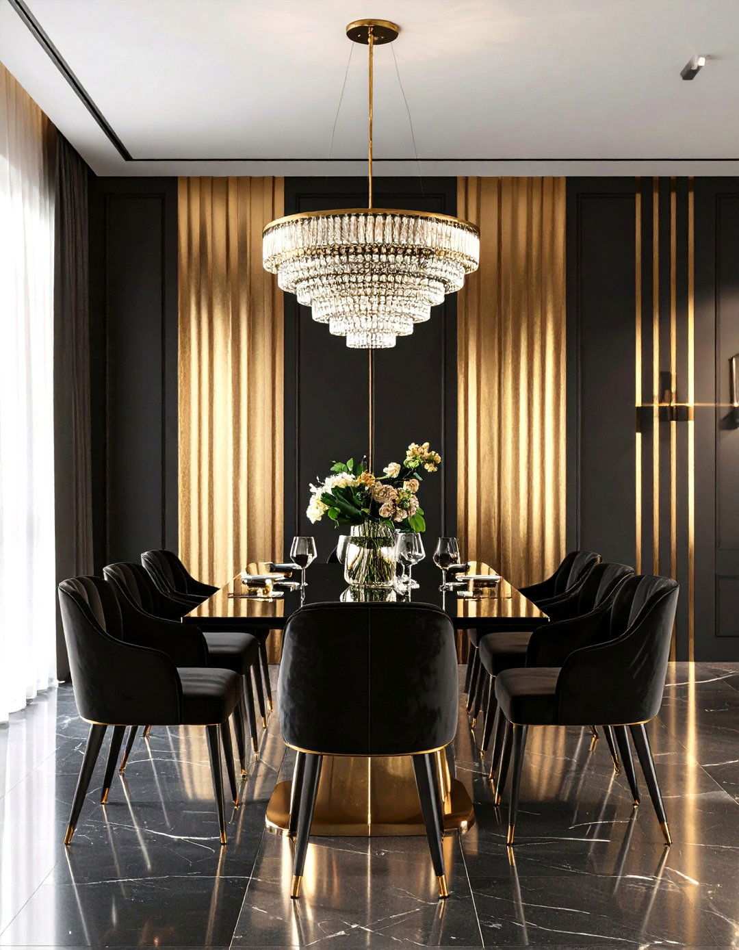 Black and Gold Striped Black Accent Wall Dining Room - 20 Black Accent Wall Dining Room Ideas