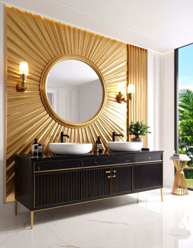 Black and Gold Sunburst Wallpaper Powder Room - 20 black and gold powder room ideas
