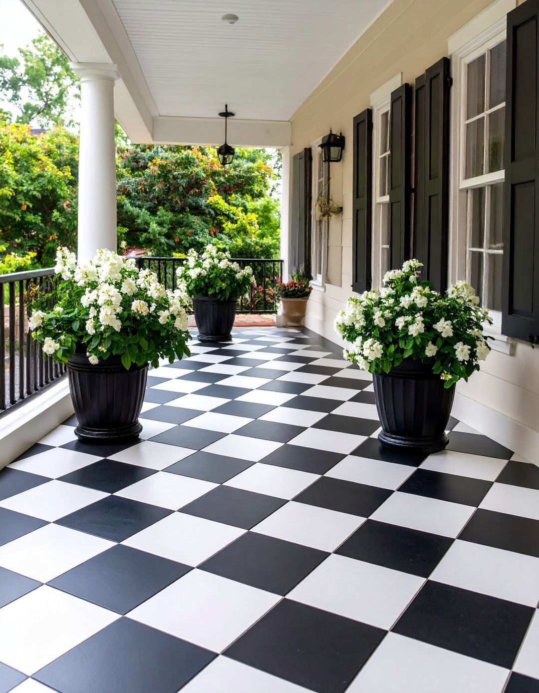 Black and White Checkerboard Porch Flooring - 20 Black Porch Ideas