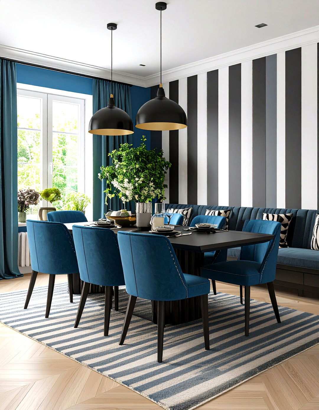 Black and White Striped Black Accent Wall Dining Room - 20 Black Accent Wall Dining Room Ideas
