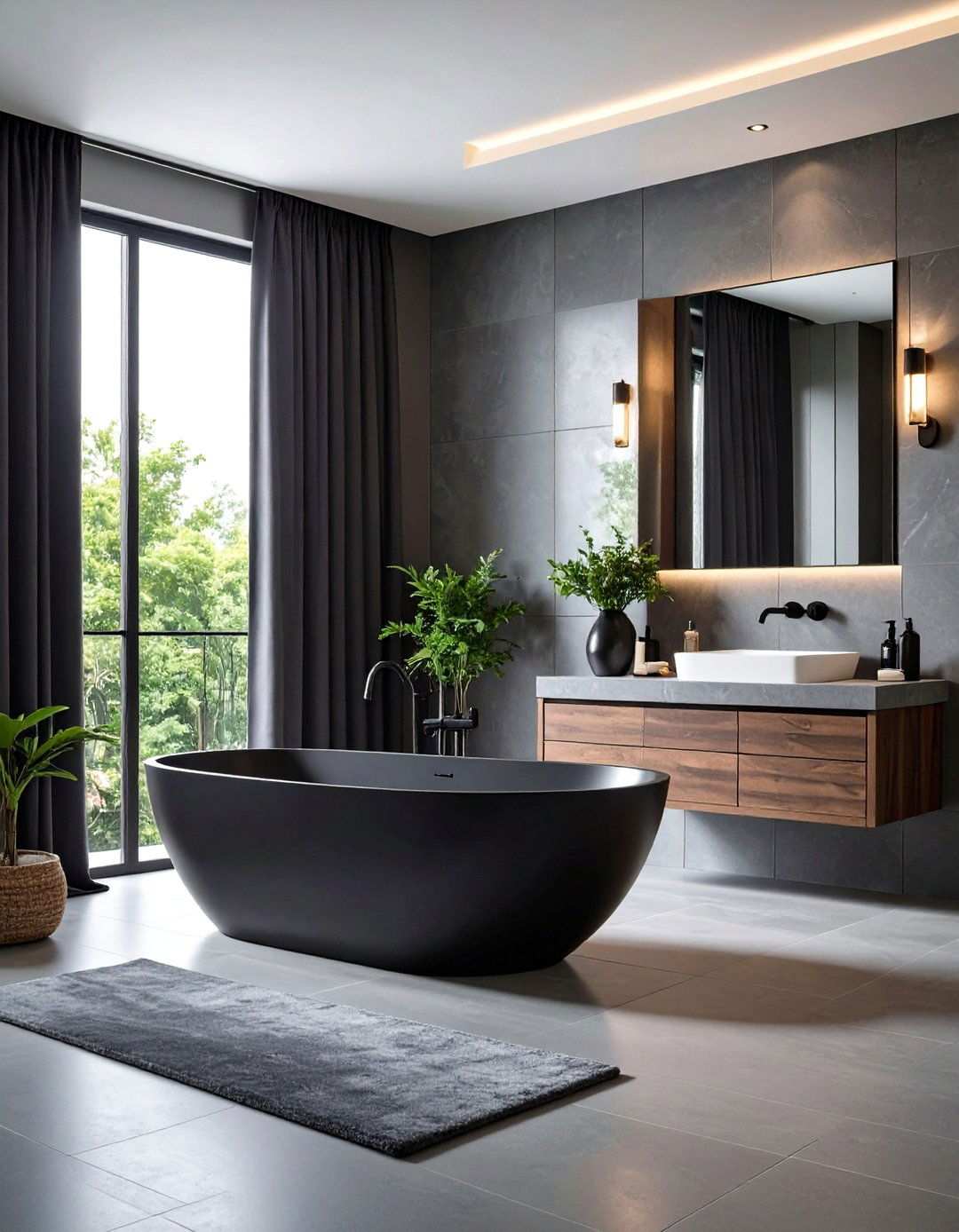 Black Bathtub Centrepiece in a Grey Wet Room - 20 Black and Grey Bathroom Ideas