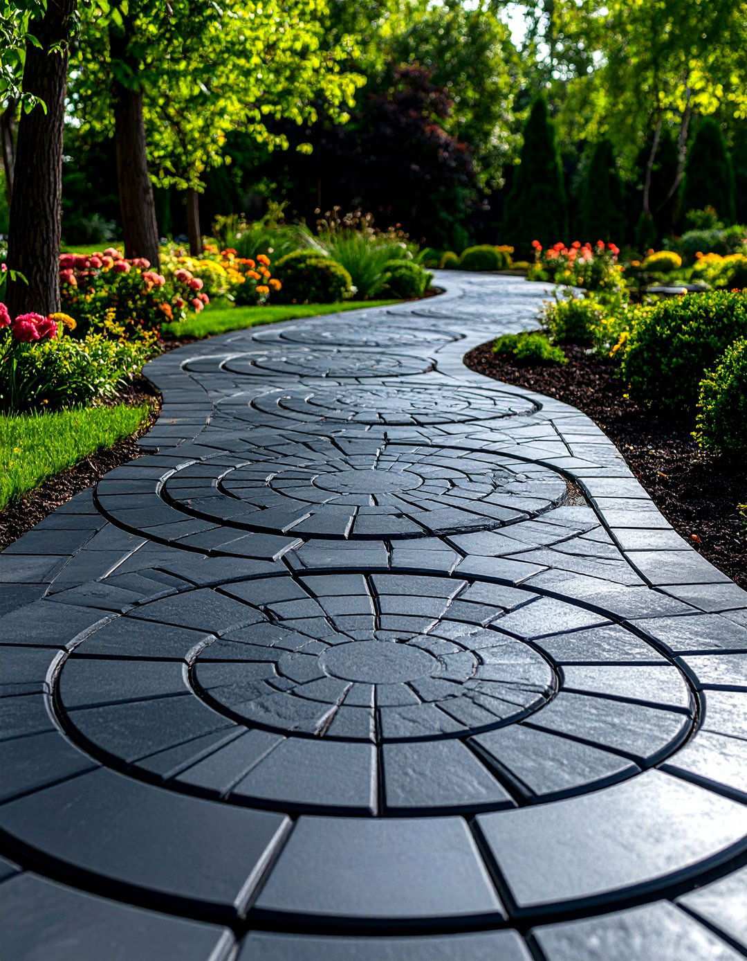 Black Brick Walkway with Circular Accent Features - 20 Black Brick Walkway Ideas