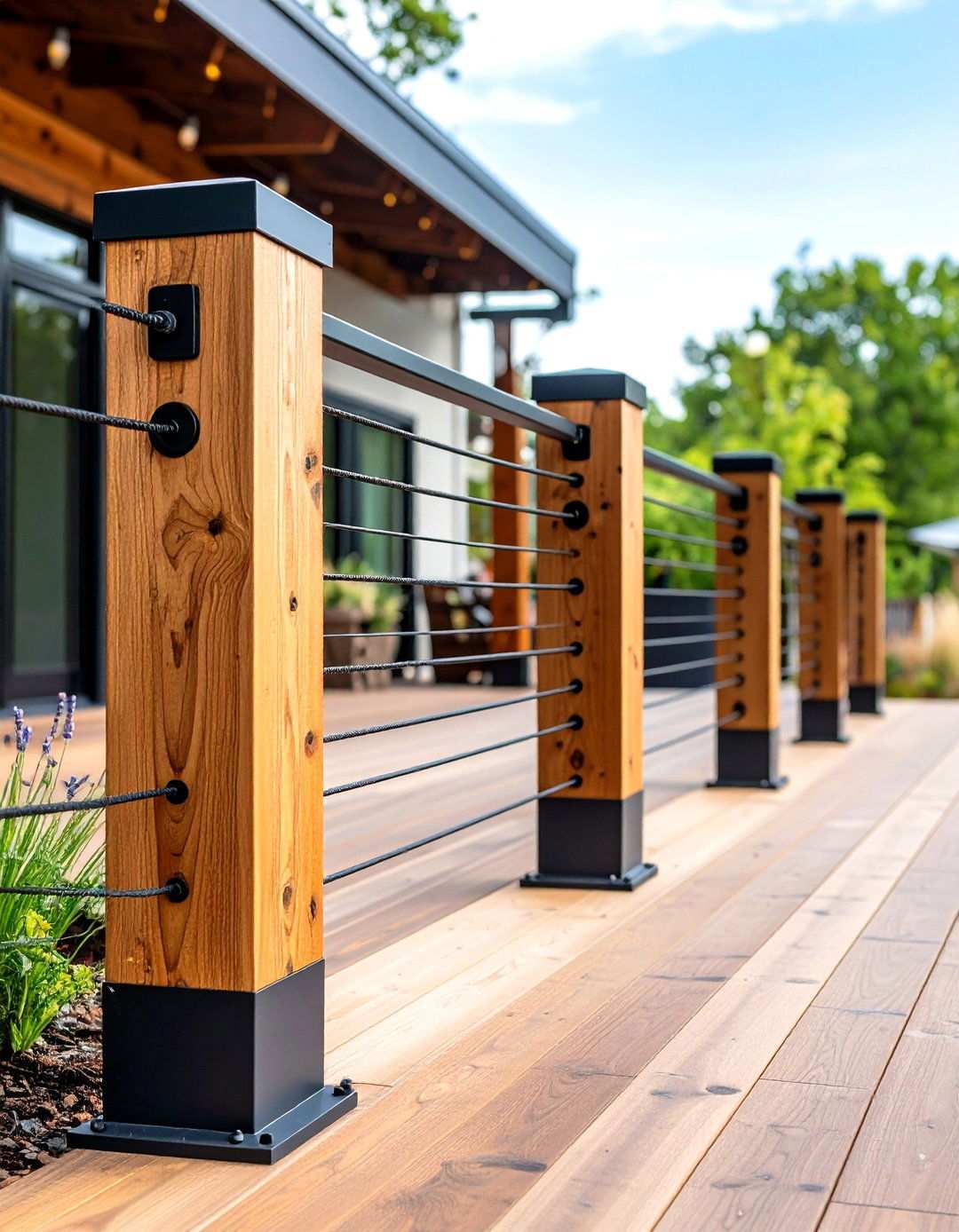 Black Cable Deck Railing with Wood Posts - 20 black deck railing ideas