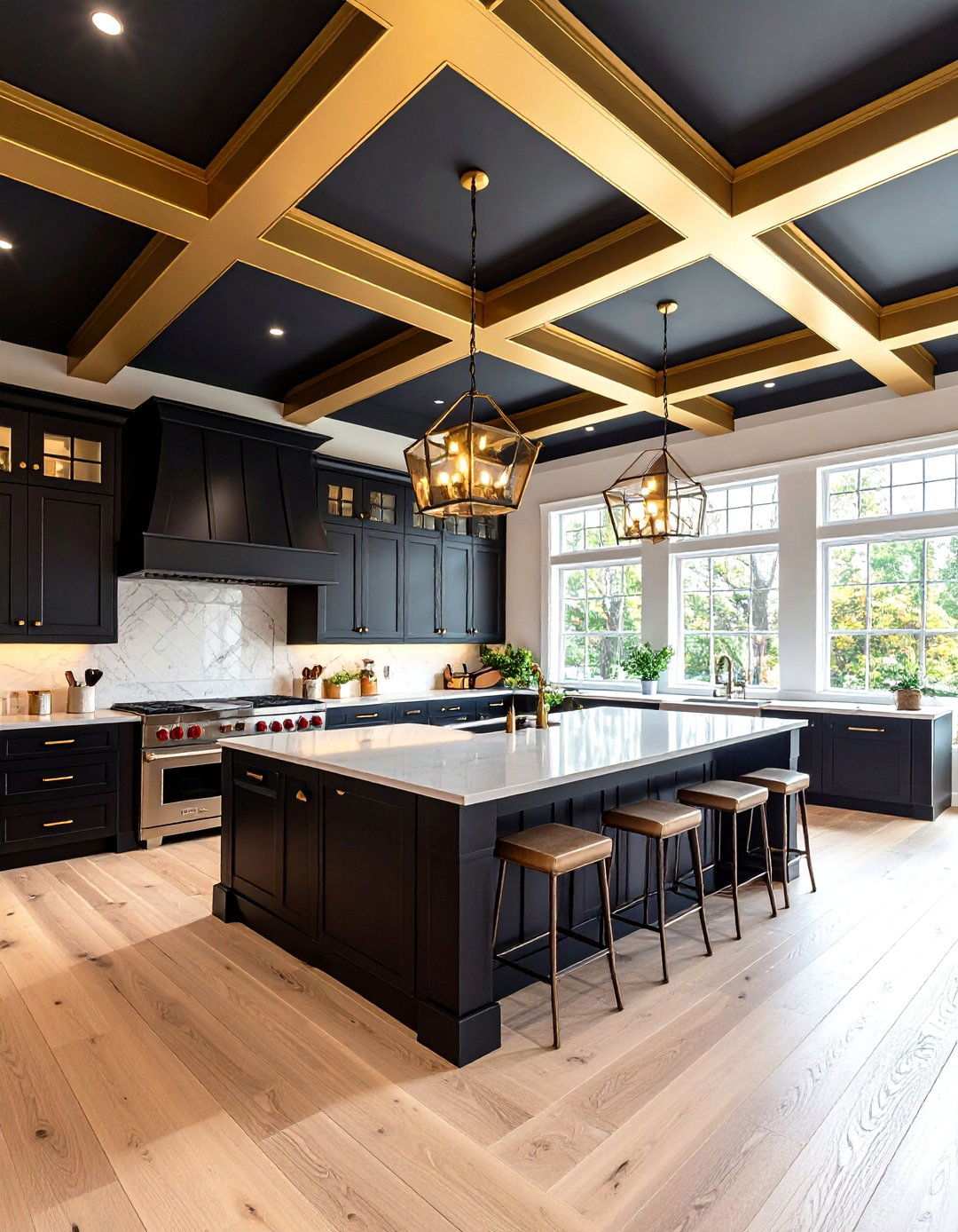 Black Ceiling with Subtle Gold Coffered Detail - 20 Black and Gold Kitchen Ideas