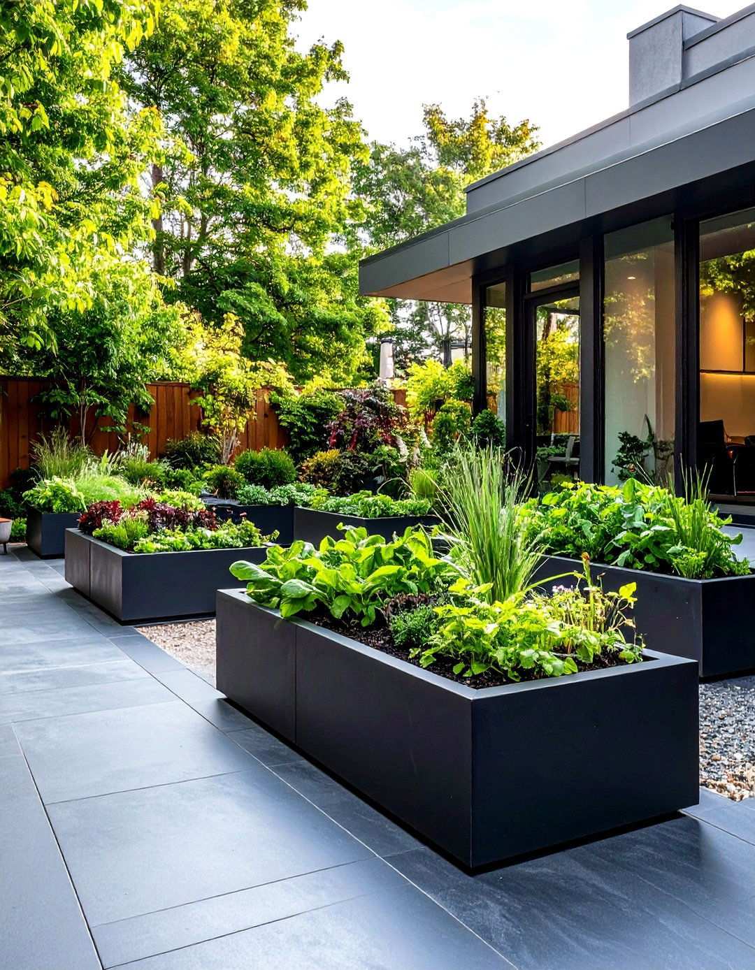 Black Concrete Patio with Built in Planters - 20 black concrete patio ideas