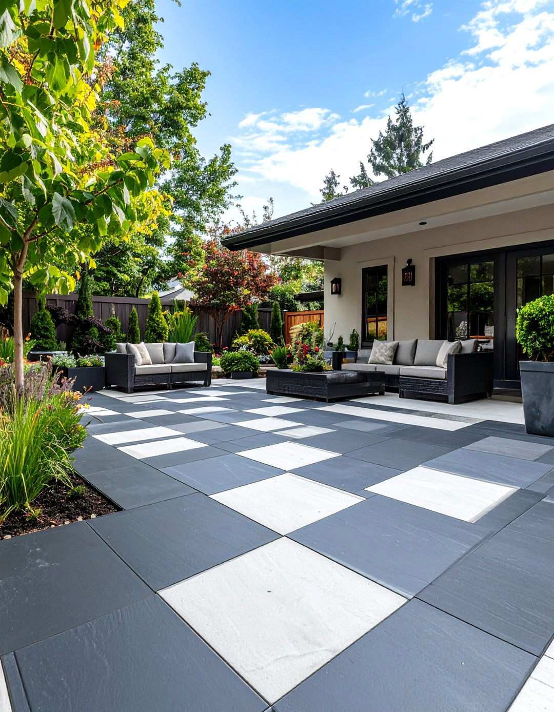 Black Concrete Patio with Decorative Saw Cut Patterns - 20 black concrete patio ideas